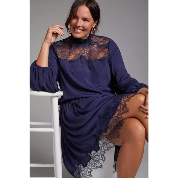 New Anthropologie Magali Pascal Silky Lace Mini Dress $540 SMALL Blue - Picture 5 of 7